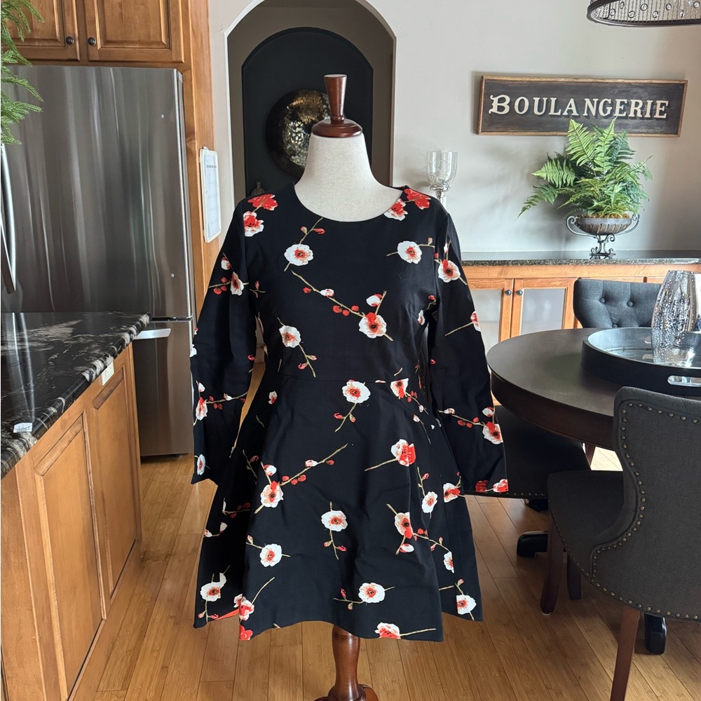 Floral Black Dress with Red and White Accents